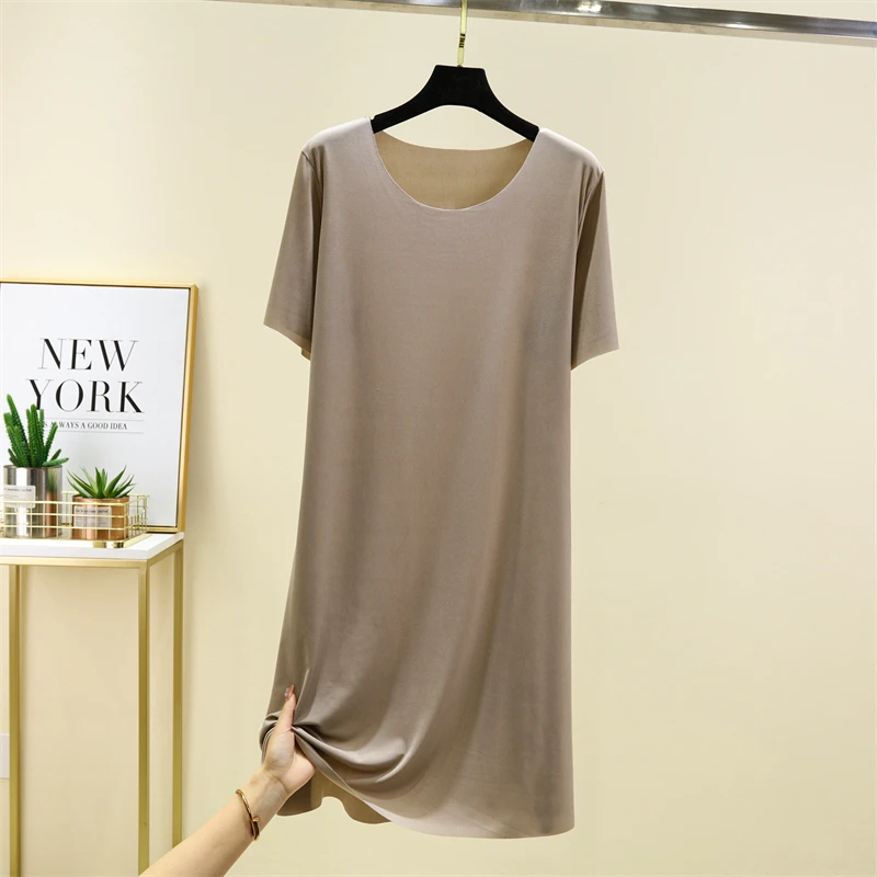 Ice Silk Seamless Sleep Dress Women Summer Thin Loose Short Sleeve Home Dress Versatile Midi Length Pure Color Long Dress
