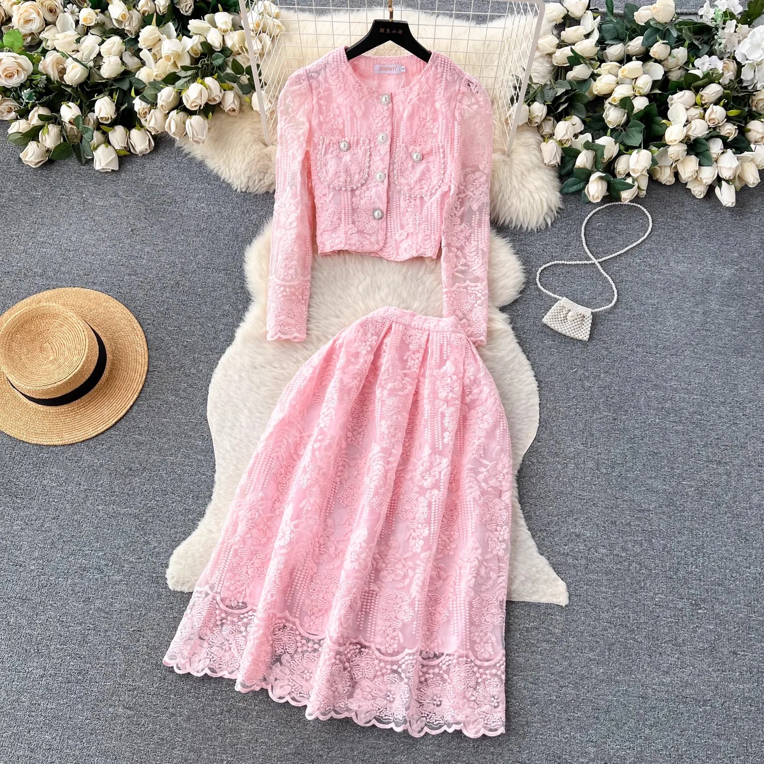 Small Fragrant Embroidery Flower Two Piece Set Women Long Sleeve Pearls Buttons Pocket Lace Mesh Crop Top+A-Line Midi Skirt Suit