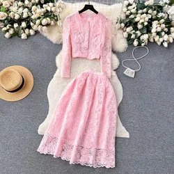 Autumn Small Fragrant Embroidery Two Piece Set Women Lace Hook Flower Pearl Button Pocket Long Sleeve Shirt Tops Midi Skirt Suit