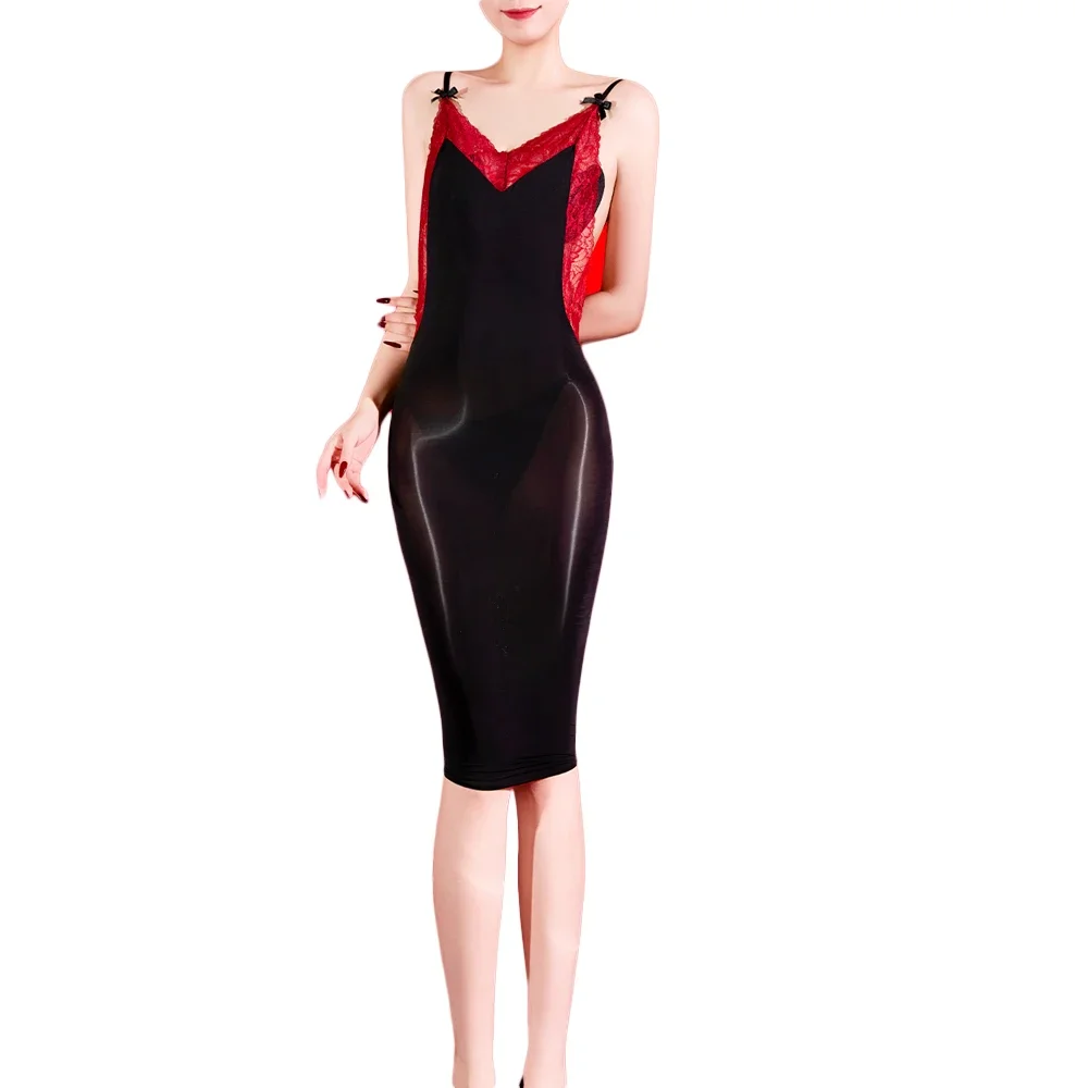 Women's Long Package Hip Pencil Dresses Ultra Thin Backless Spaghetti Strap One Step Dresses Slip Shiny Slimming Mini Dress