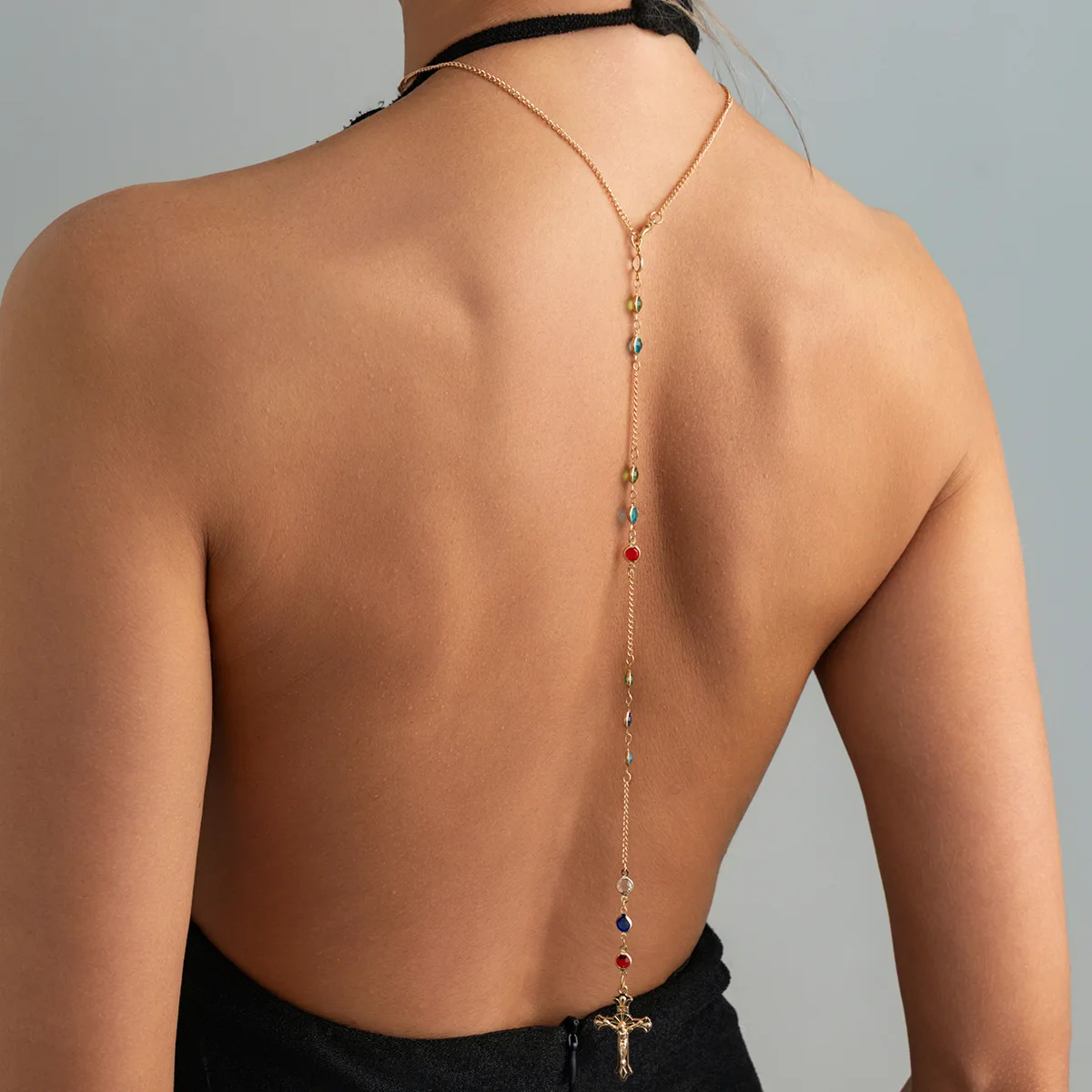 Minimalist Cross Crystal Back Necklace Body Chain for Women Simple Delicate Cubic Zirconia Gold Chain Open Back Dress Jewelry view 5