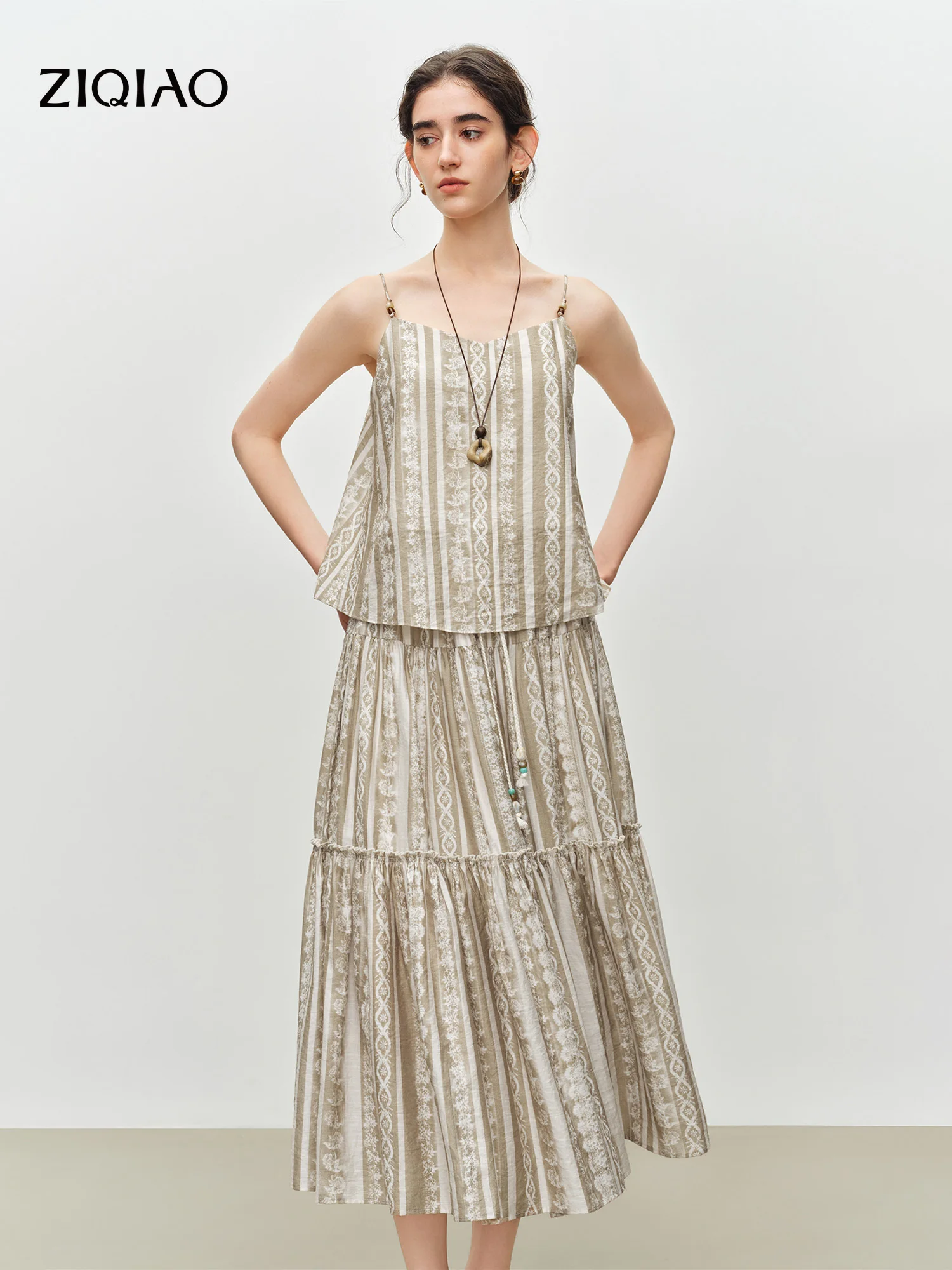 

ZIQIAO Bohemian-Inspired Casual Resort Women's Two-Piece Strappy Midi Skirt with Flowy A-Line 2026 Summer New Comfortable Outfit