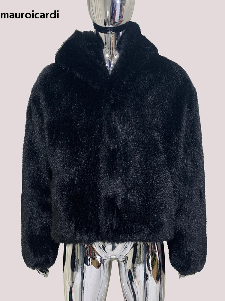 Mauroicardi Winter Short Thickened Warm Hairy Shaggy Black Faux Fox Fur Coat Men with Hood Single Breasted Fluffy Jacket 2025