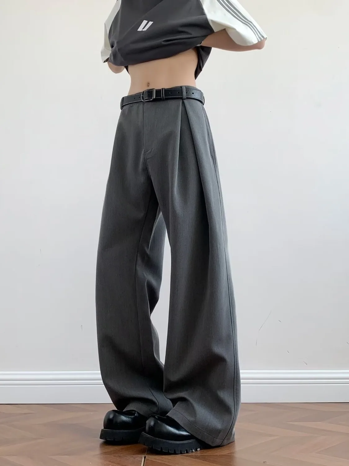 

American Sle Casual Pleated Knife Wide Leg Pants Commute Casual Trousers Men Women Summer a Line ape Slimming