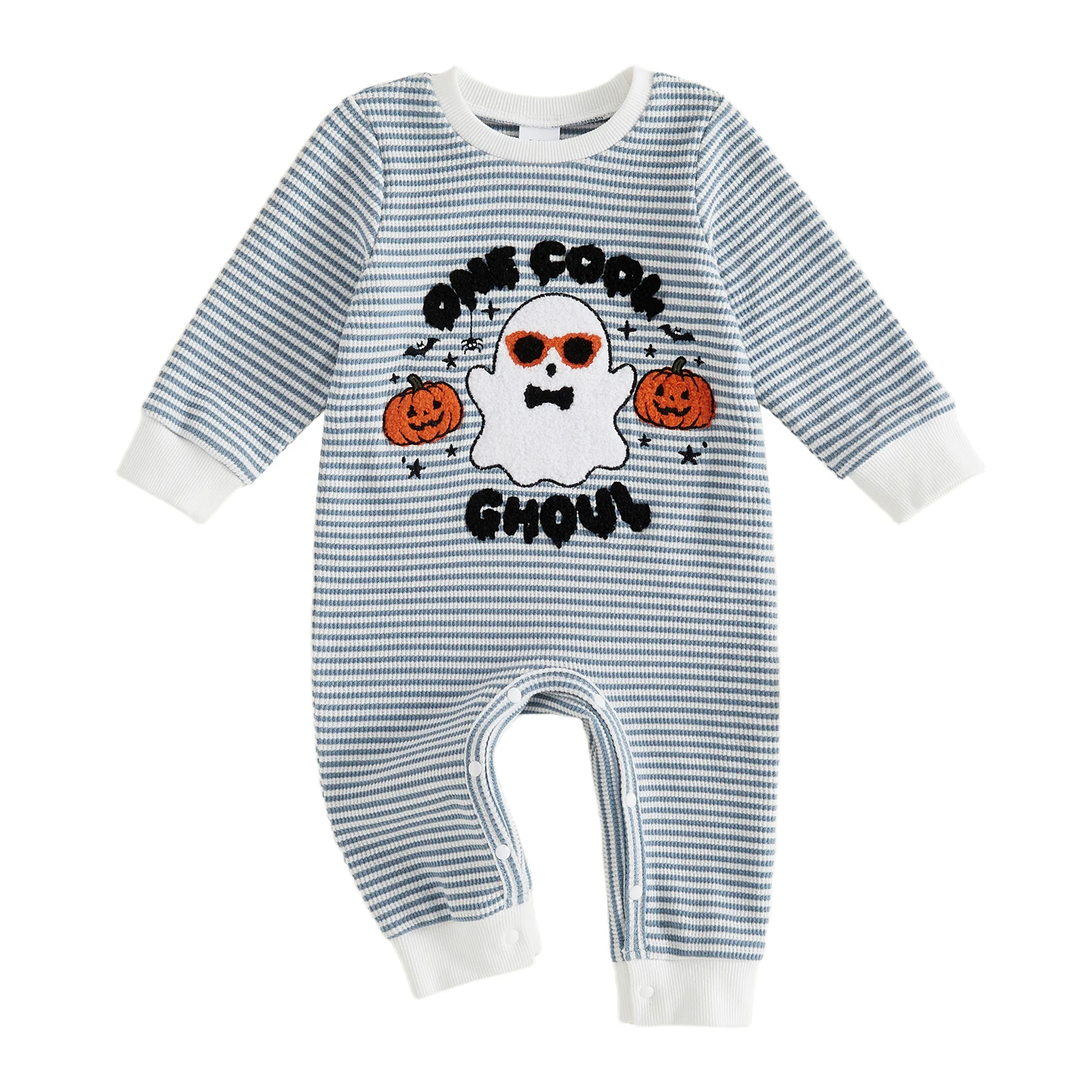 

Baby Boy Halloween Romper Striped Ghost Pumpkin Embroidered Long Sleeve Waffle Knit Jumpsuit Cute Infant Fall Clothes