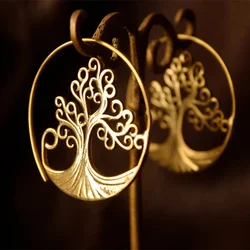 Vintage Round Metal Craftsman Carved Tree of Life Earrings Women Hook Simple Hoop Drop Earrings