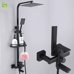 Matte Black Shower Faucet Set Rainfall High Quality All Metal Bathtub Mixer Tap With Rotatable Effluent Bathroom Shelf