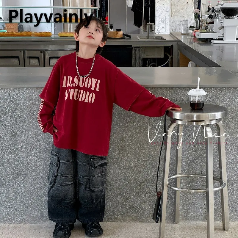 

Boys' Fashion Long Sleeve T-shirt Brick Red Letter Print Crewneck Tops Fake 2-piece Design Kids Tees for Spring and Autumn A5015