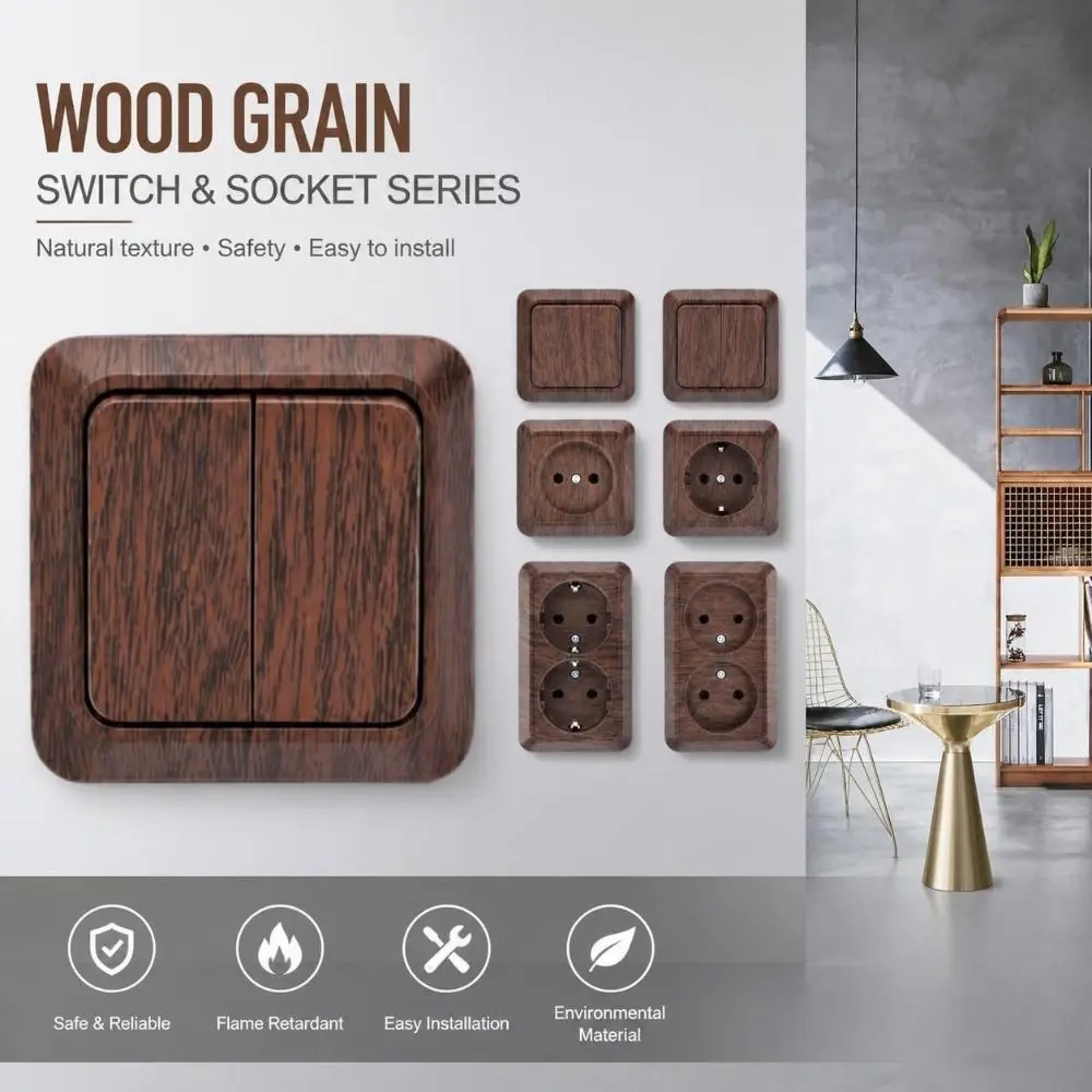 Modern Plastic Wall Switch EU Standard Wood Grain Rocker Light Switch Square Surface Mount Switch Home Use