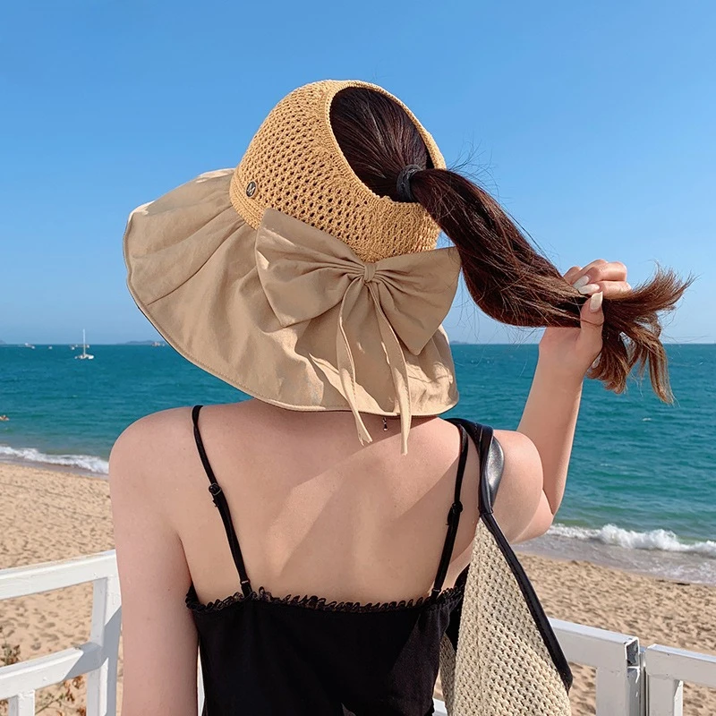 Women Sun Hat Big Eaves Waves Beach Cap Ladies Hat Big Brim Sun Visors UV Cut Bucket Panama Cap Foldable Straw Sunscreen Vintage