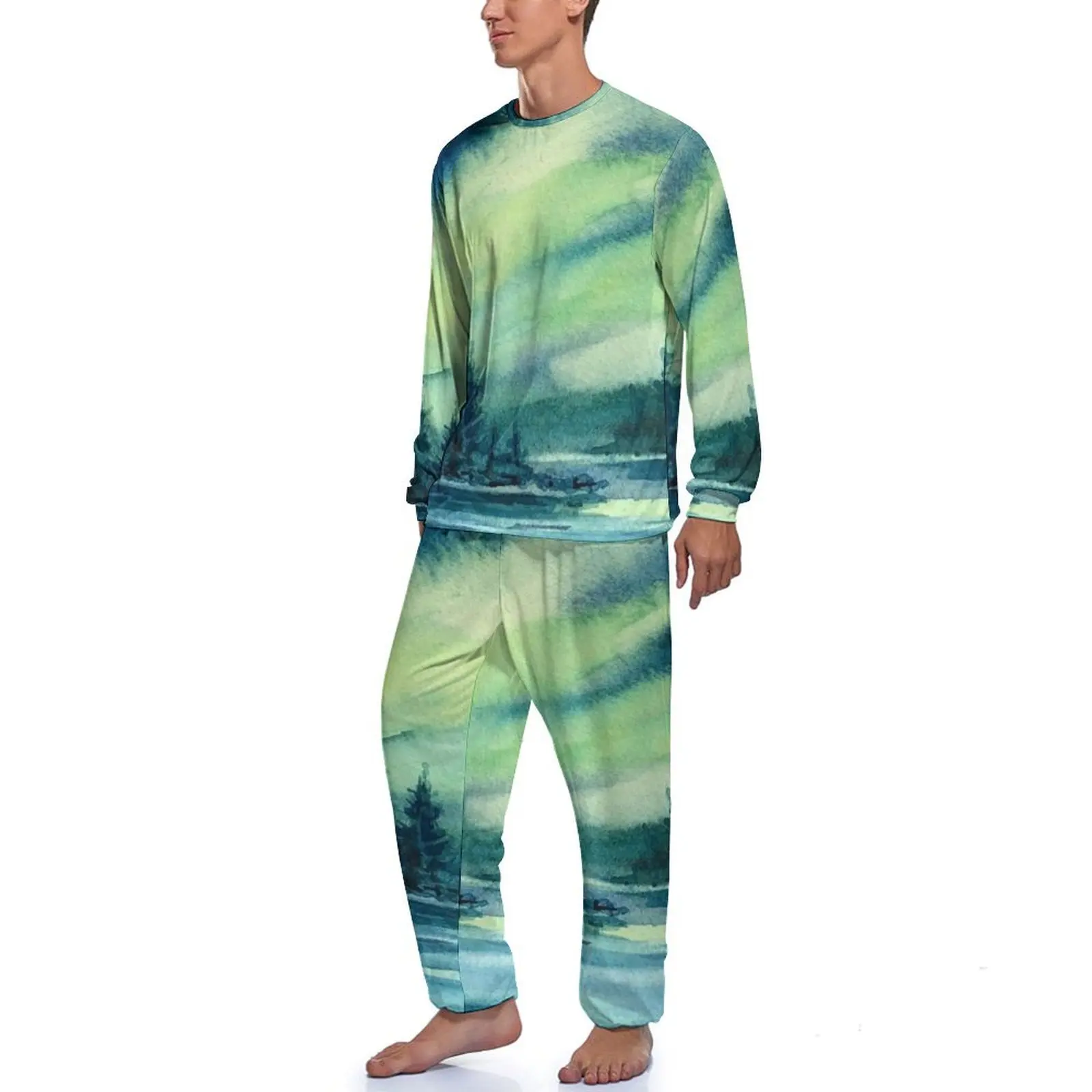 Watercolor Sky Pajamas Long Sleeve Lake Northern Lights 2 Pieces Casual Pajama Sets Winter Men Graphic Lovely Sleepwear