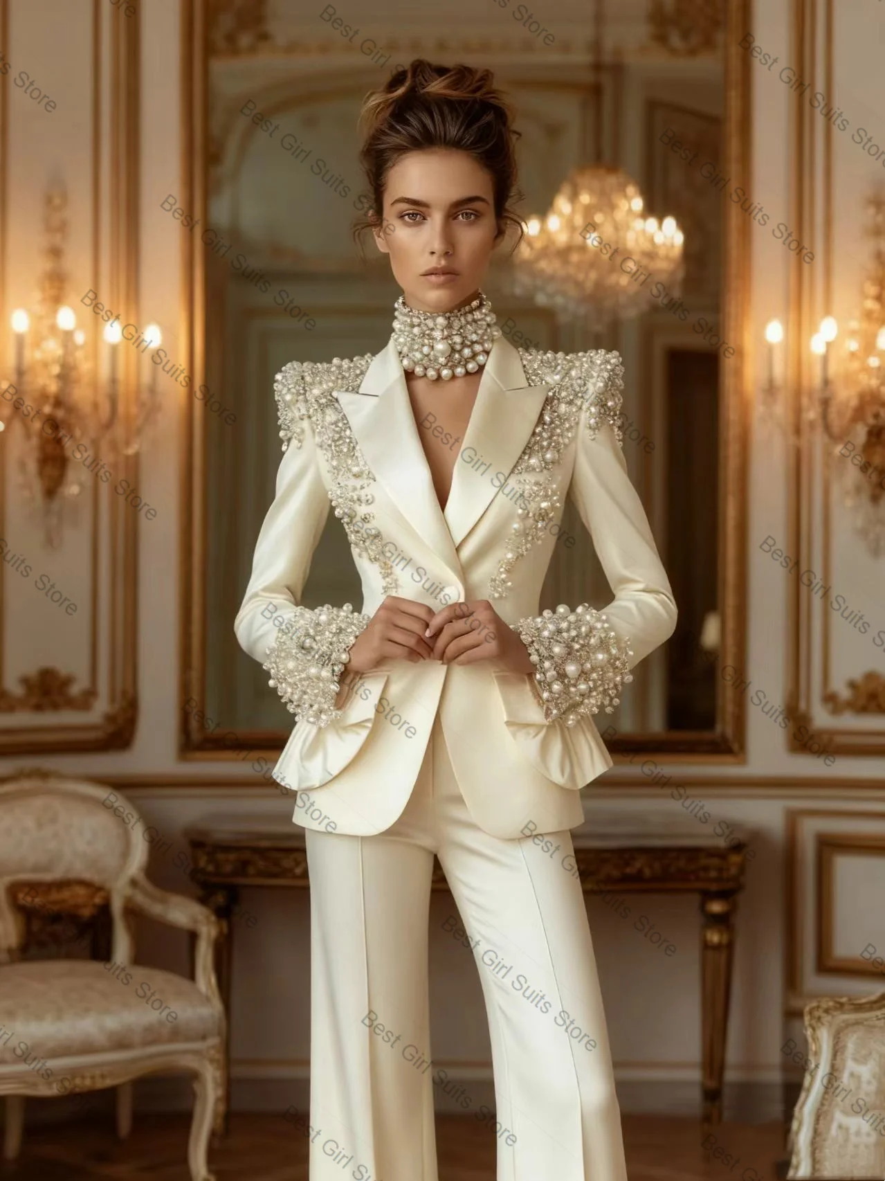 

Beige Crystals Women Suit Set 2 Piece Blazer+Pants Trousers Formal Business Office Lady Jacket Customized Prom Wedding Coat