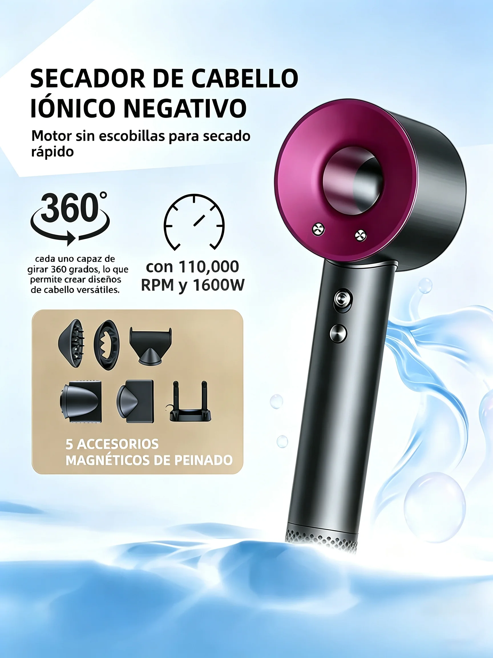 

Professional high-speed bladeless hair dryer, 1600W high-power ionic hair dryer, dries hair quickly, home styling tool
