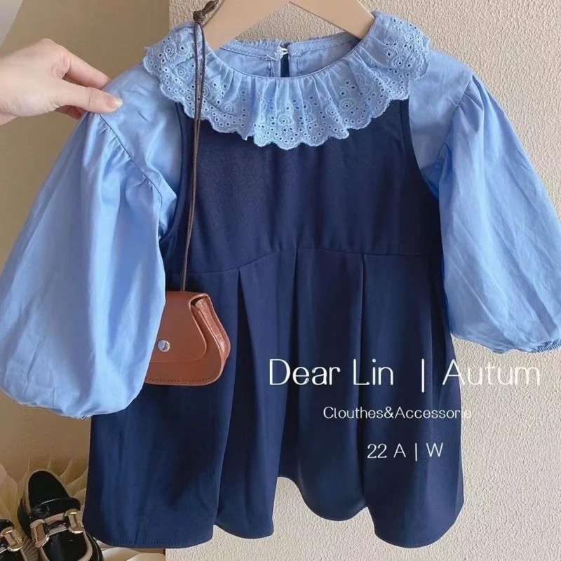 

Girls' Loose Two-Piece Dress Baby Girls' Solid Color Blue Vest Skirt Fashionable Lace Spring and Autumn Suit Skirt-XMS