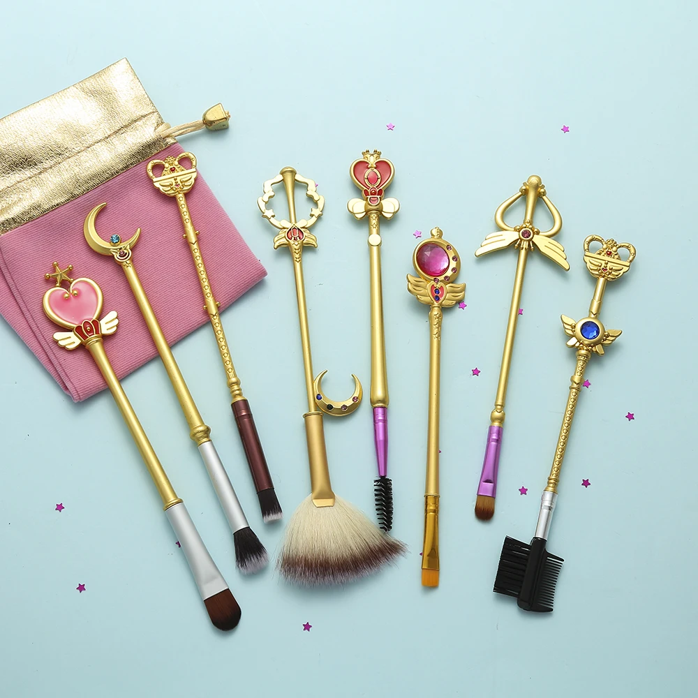 8Pcs Sailor Moon Makeup Brushes Cosmetics Soft Fiber Hair Makeup Blush Eye Shadow Eyebrow Brush Cosplay Tsukino Usagi Props