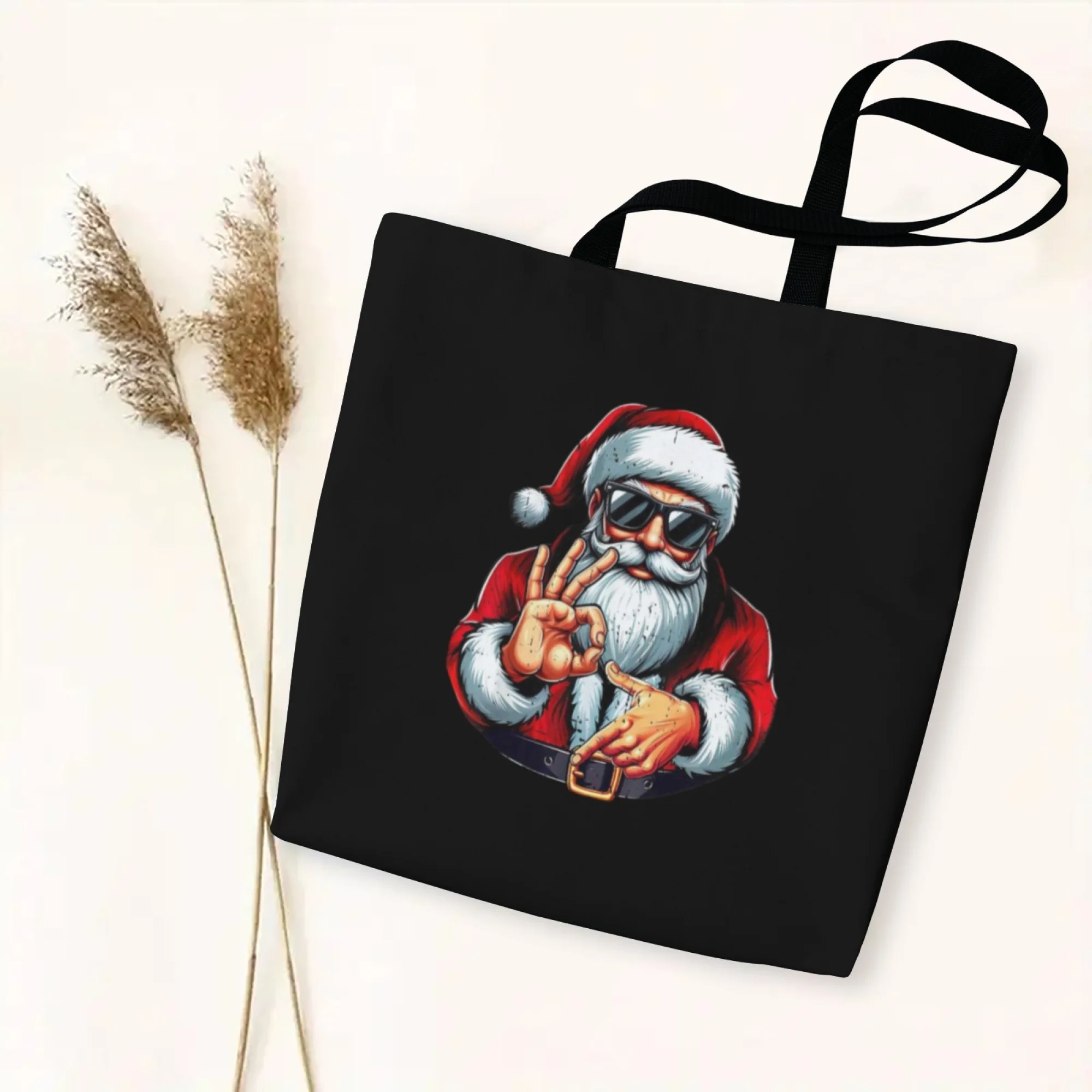 Bolso de mano negro con estampado de tema de gesto de mano de Papá Noel 67 de moda, bolso de hombro para mujer, regalo ecológico y elegante adecuado para adolescentes