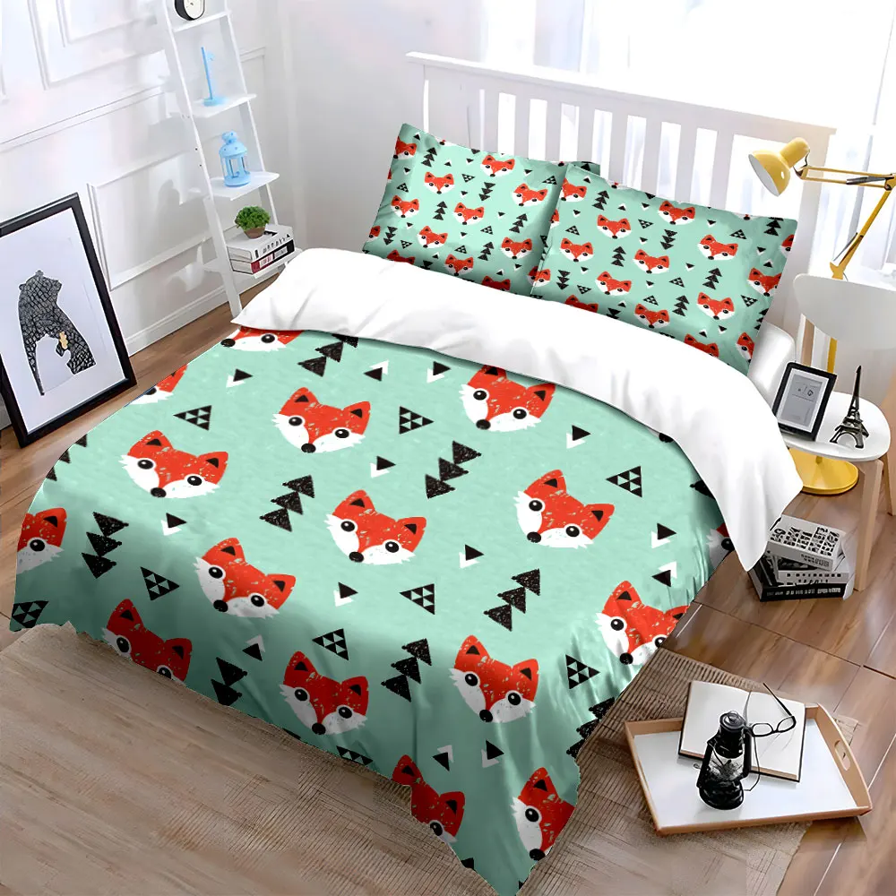 Cartoon foxes with geometric pattern Bedding Set for Kids Luxury Gift 3pcs Digital Print Comforter Set Soft Comfortable