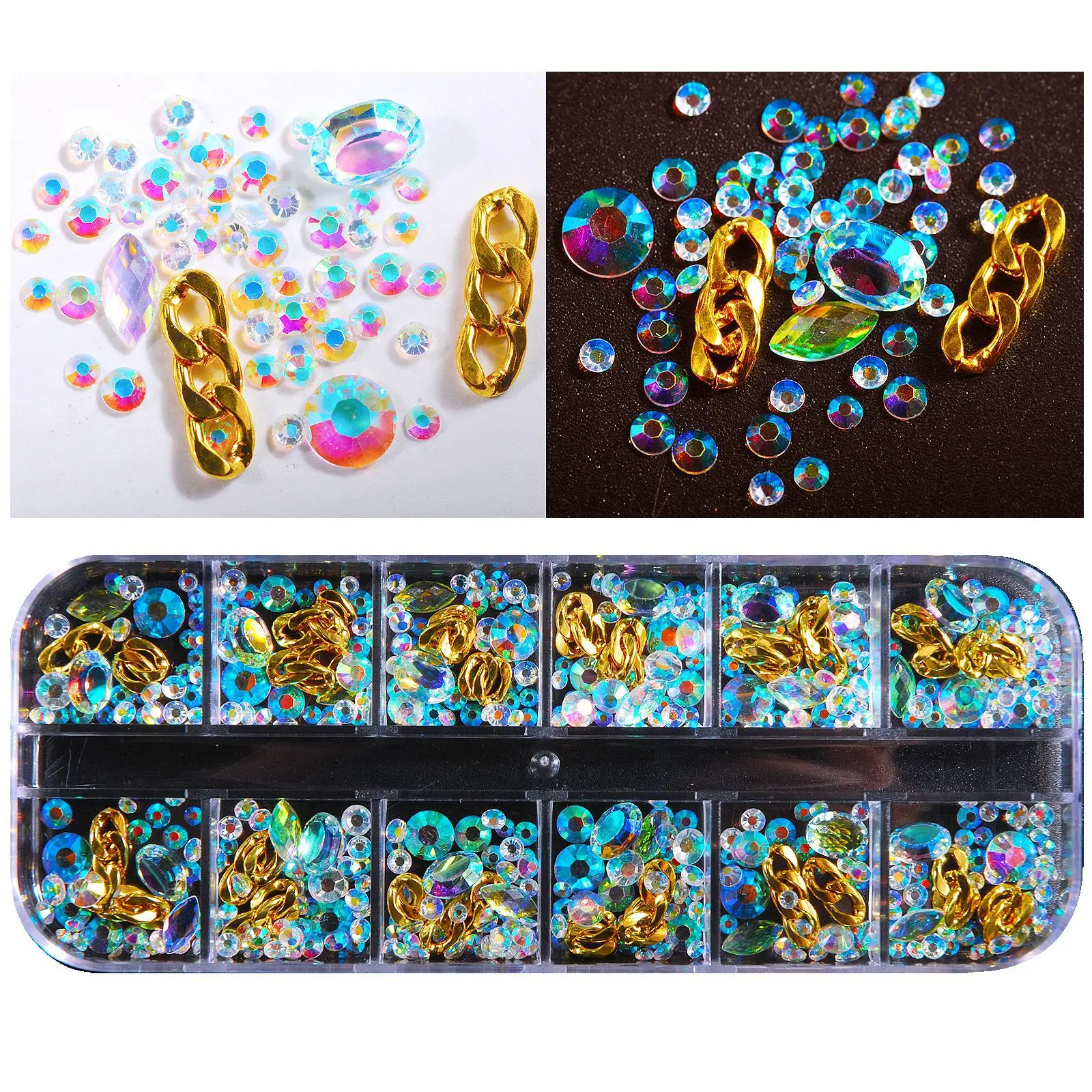New Fashion 12 Grid Box Series Diamond Chain Pearl Multi Size Multi Color Water Diamond DIY Nail Accessories Decoration
