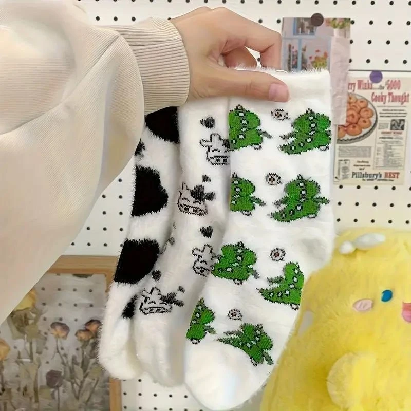 2 Double-layer Non-shedding Warm Fleece Socks, Soft and Fluffy Design, Soft and Cute Cow and Adorable Little Dinosaur Patterns,