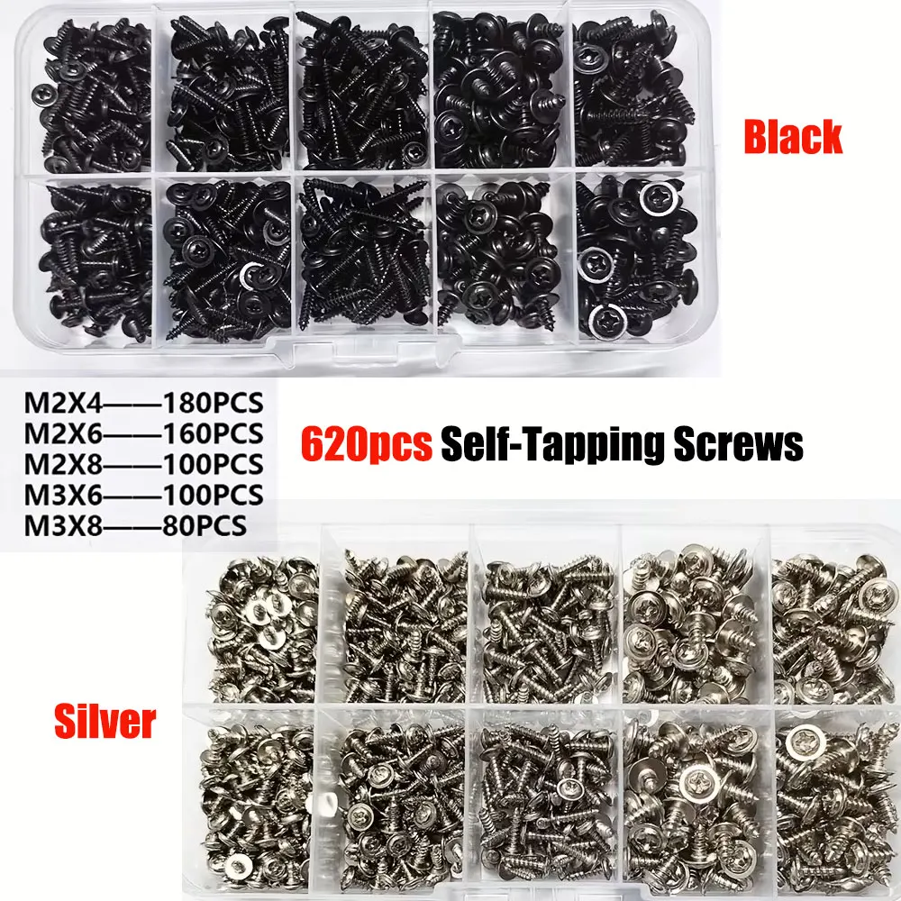 620Pcs/Set Self-Tapping Screws M2/M3 Sizes Disk Head Flat Cross-Blade Design Black Carbon Steel for Wooden Furniture