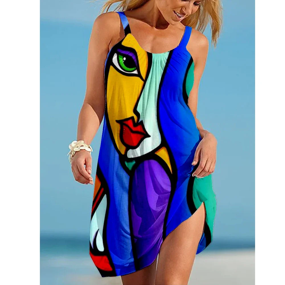 

Abstract Painting Graffiti Printing Dress Summer Seaside Beach Holiday Dress Suspender Women's Sexy Fashion Street Women's Wear