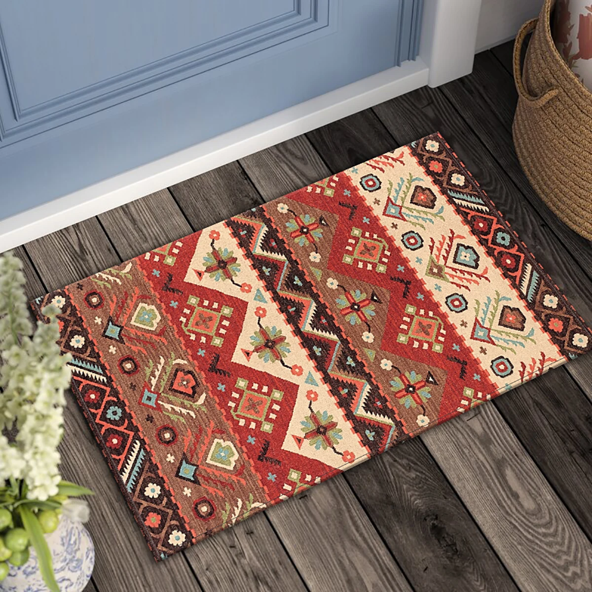 1pc Boho Style Floor Mat Non-Slip Bath Rug Floral Pattern Washable Bath Mat Absorbent Door Carpet For Home Living