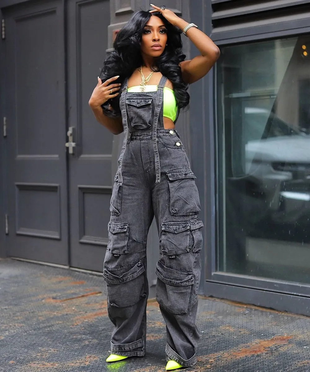 

Women's loose denim camisoles, women's spring street fashion multi pocket jumpsuit