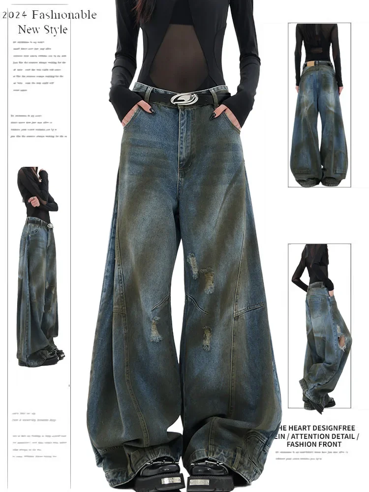 

Blue High Waist Women Jeans Vintage Straight Casual Baggy Ripped Y2K Street American Wide Leg Female Trouser LOOSE Denim Pants