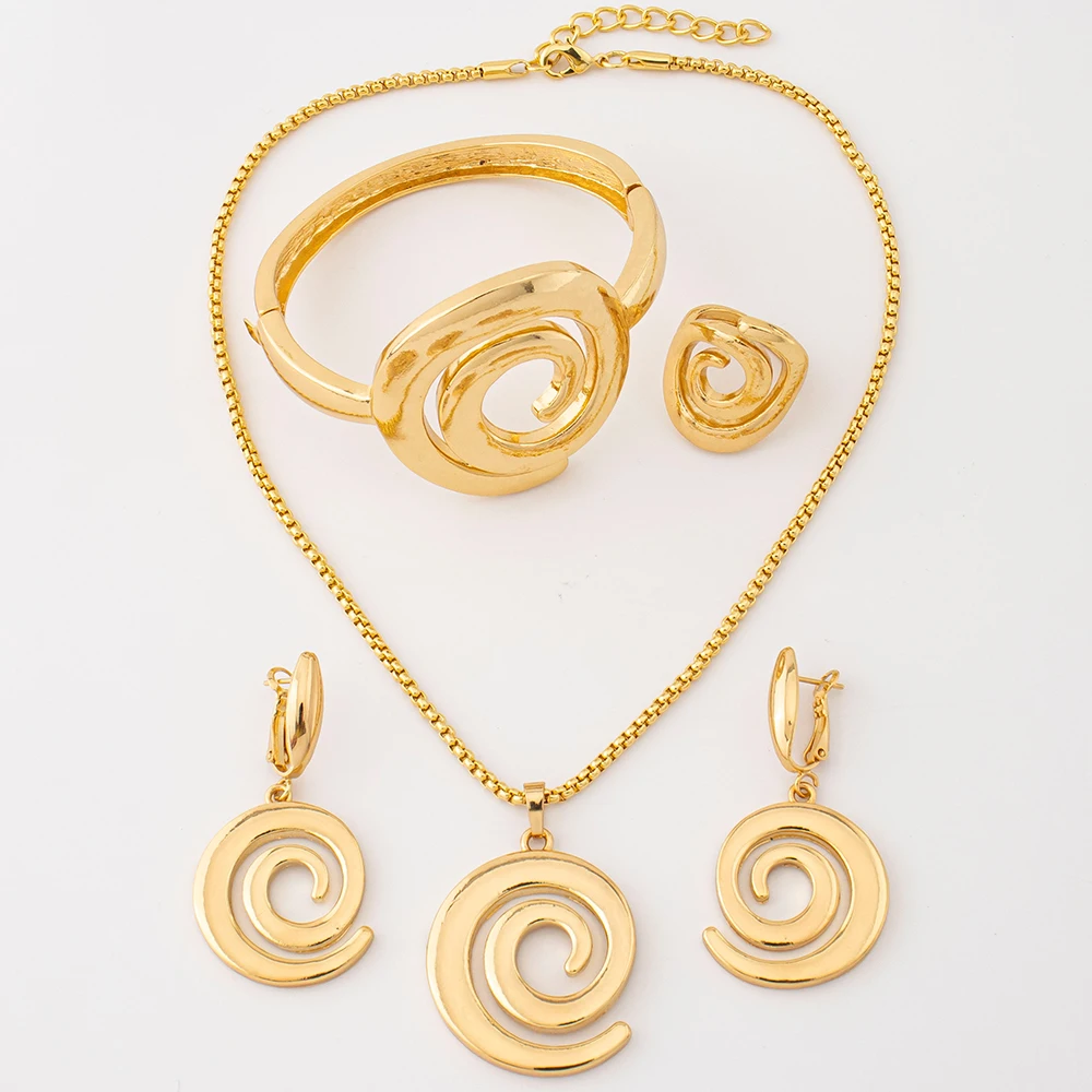Gold Plated Spiral Swirl 4Pcs Jewelry Set Necklace Earrings Bangle Ring Trendy Women  Daily Party Fashion Jewellery Gifts
