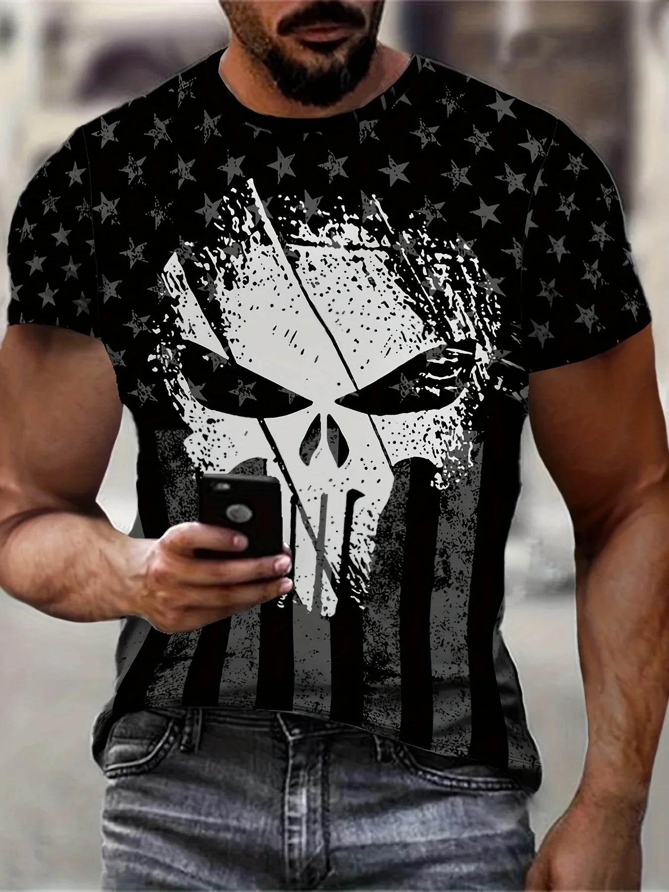 

Men's Skull Print T-shirt Casual Short Sleeve Crew Neck Tee Fashion Men's Clothing Outdoor Loose Casual Comfort Clothing Tops