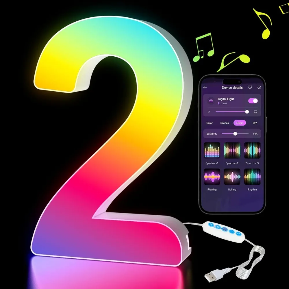mergbwアプリ対応スマートledレターライト、名前文字装飾アルファベットライト、多色プラスチックナンバーランプ、家庭用