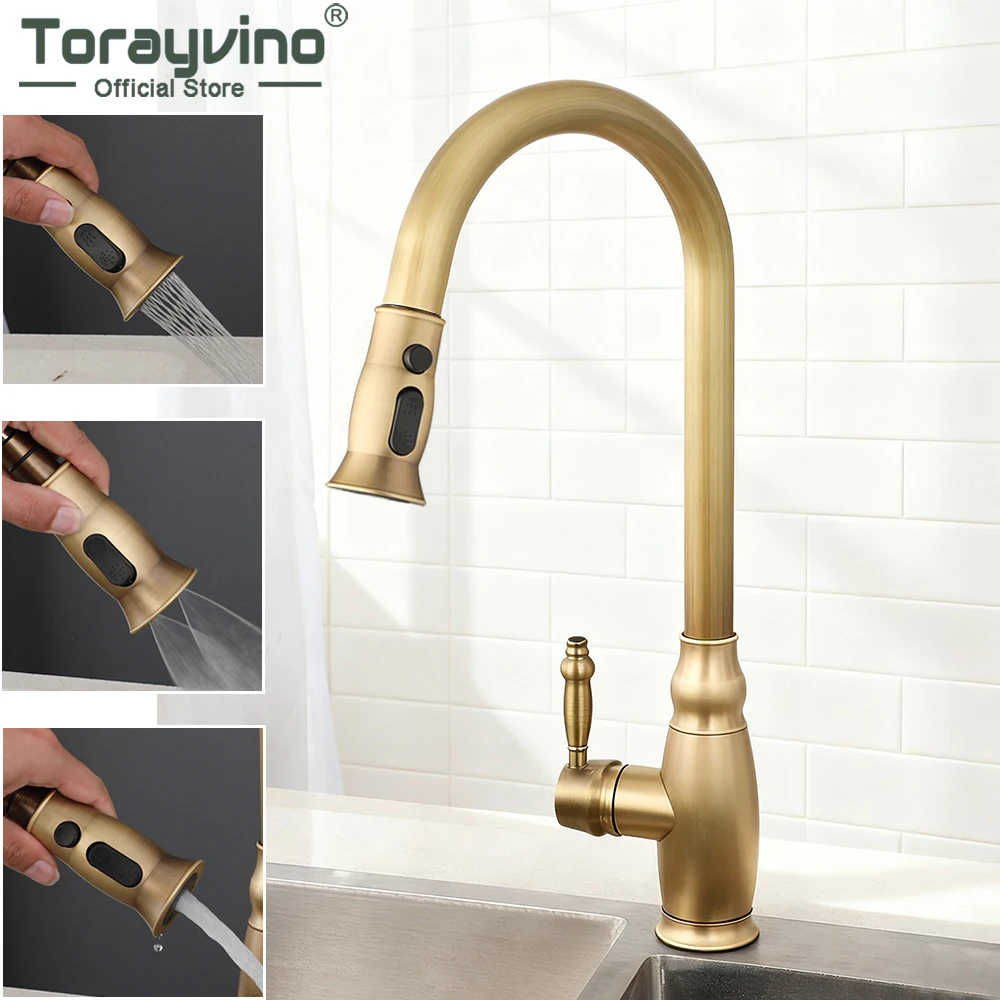 

Torayvino Antique Brass Kitchen Faucet Pull Out 360 Rotate Spout Faucets Single Hole Swivel Hot and Cold Water Sink Mixer Tap