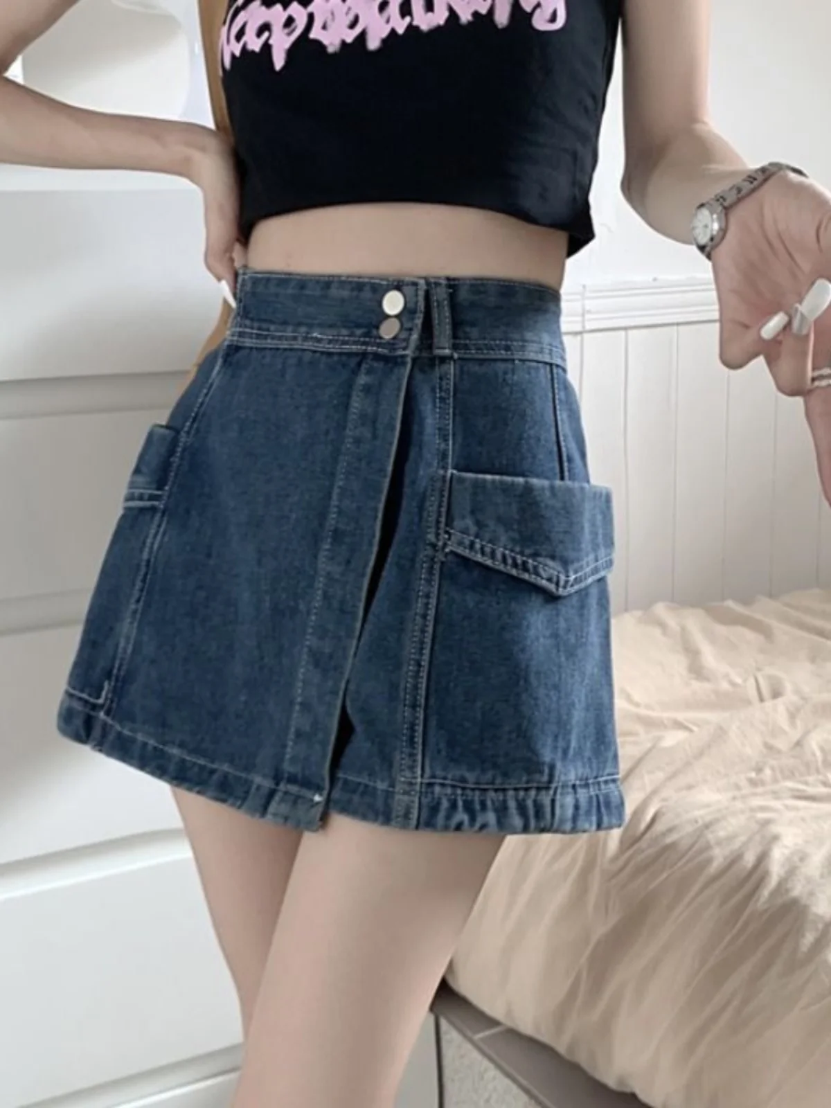 

Summer New High Waist Distred Denim orts Women's Spicy Girl ature Design Sense Skirt Pants Blue Wide Leg Jeans