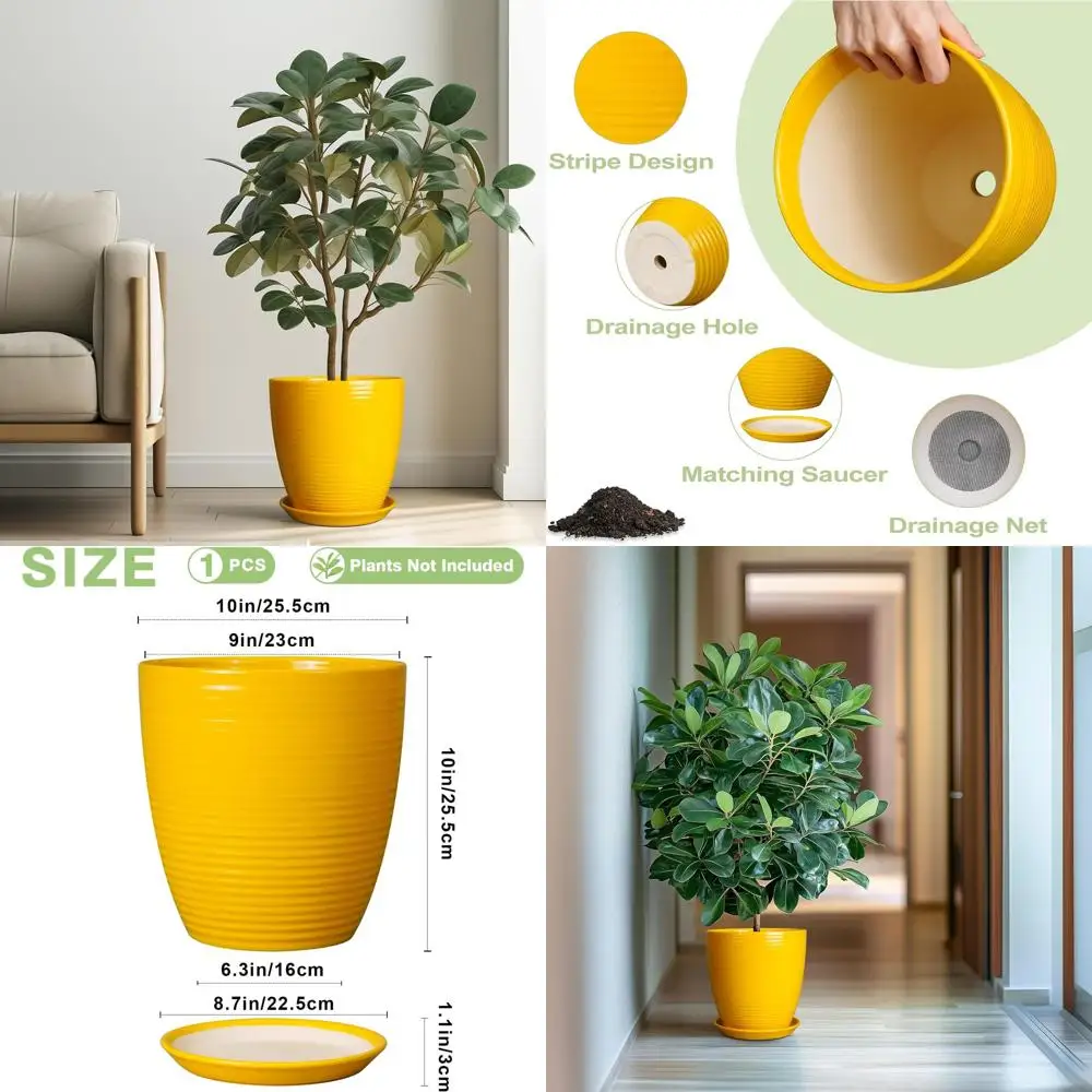 

10 Inch Round Plant Pot for Outdoor or Indoor Use with Drainage Hole and Saucer, Yellow