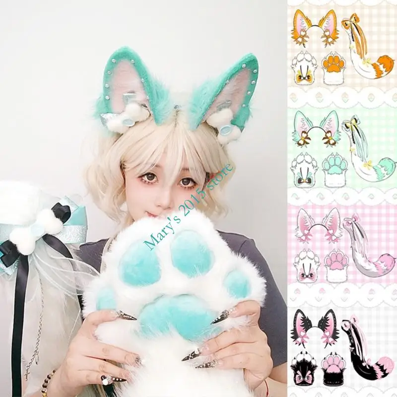 

E15F Foxes Costume Foxes Ears Headbands Foxes Paws Gloves Foxes Tail Animal Fancy Costume Accessories Halloween Cosplay Props