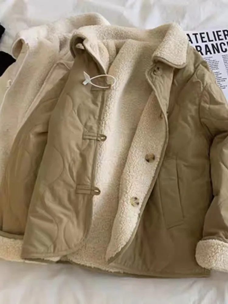 

Warm Lamb Fur Double-Sided Wear Cotton Jaet Women's Winter Loose Button Collar Cotton Coat Outerwear Artistic Sle Thien...