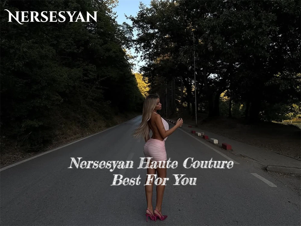 Nersesyan – robe de Cocktail rose Sexy, col licou, plis perlés, sans manches, extensible, dos nu, robes de bal personnalisées