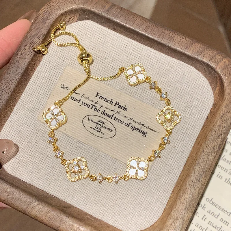 

Zircon Flower & Rhombus Adjustable Pull Cord Bracelet - New Style, Versatile Office Vintage Fashion Elegant Cuff for Women