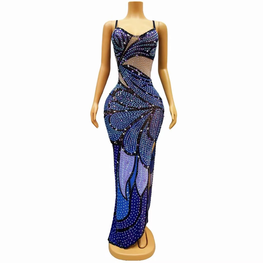 

Sexy Suspender Dress Rhinestone Party Outfit Tight Clubwear Birthday Nightclub Costume Sparkling Stage Wear Luxury Evening Gowns