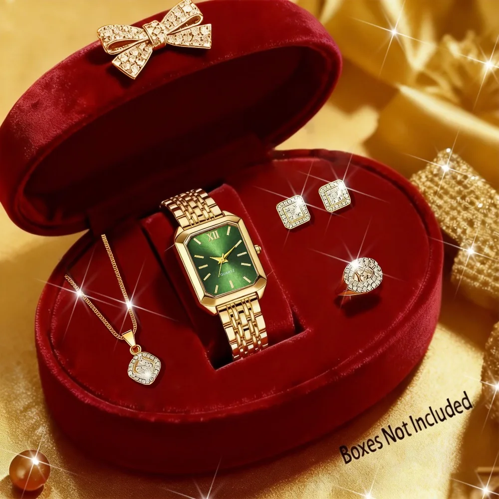 5-Piece Golden Elegance Women's Watch Set, Quartz Watch + Luxury Rhinestone Jewelry Set | Women's Watch | Jewelry Set