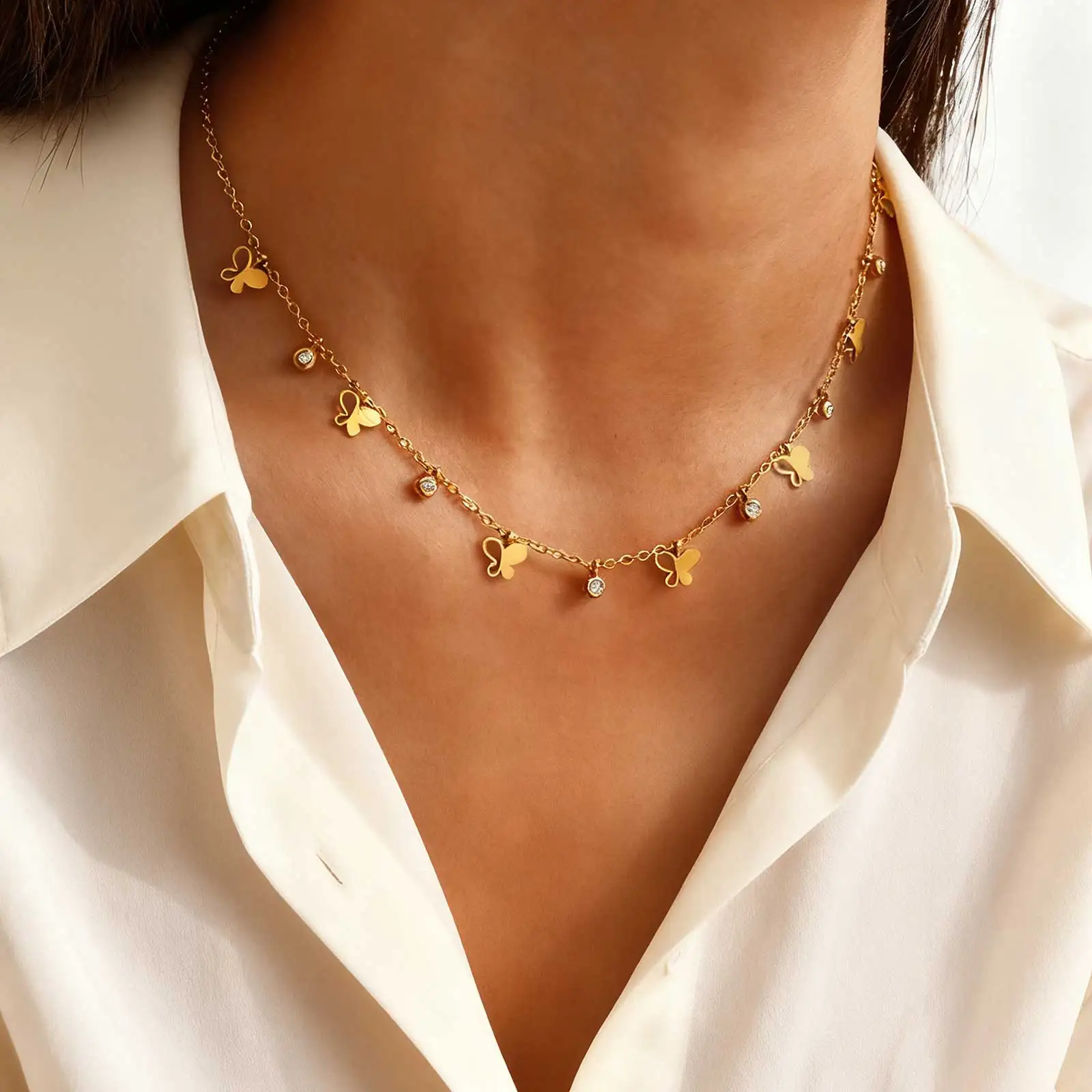 Stainless Steel Hollow Butterfly Zircon Necklace for Women,Gold Color Flat Rolo Chain Necklaces,Fashion Daily Party Jewelry Gift