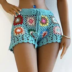 Women Crochet Beach Shorts Slim Fit Hollow Out Vacation Shorts Colorful Print Drawstring Elastic Waist High Waist Short