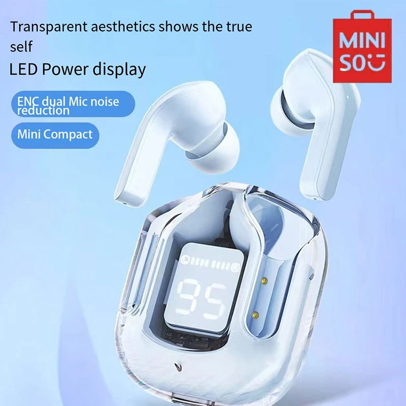 MINISO Wireless Bluetooth Headset Transparent ENC Headphones LED Power Digital Display Stereo Sound air31Earphones for Sports