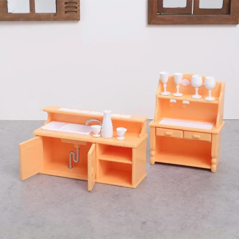 (.) 1 Set Dollhouse Kitchen Furniture Kit 1:12 Scale Sink Cabinet With Wine Glasses Dollhouse Accessory For Kids Pretend Play view 5