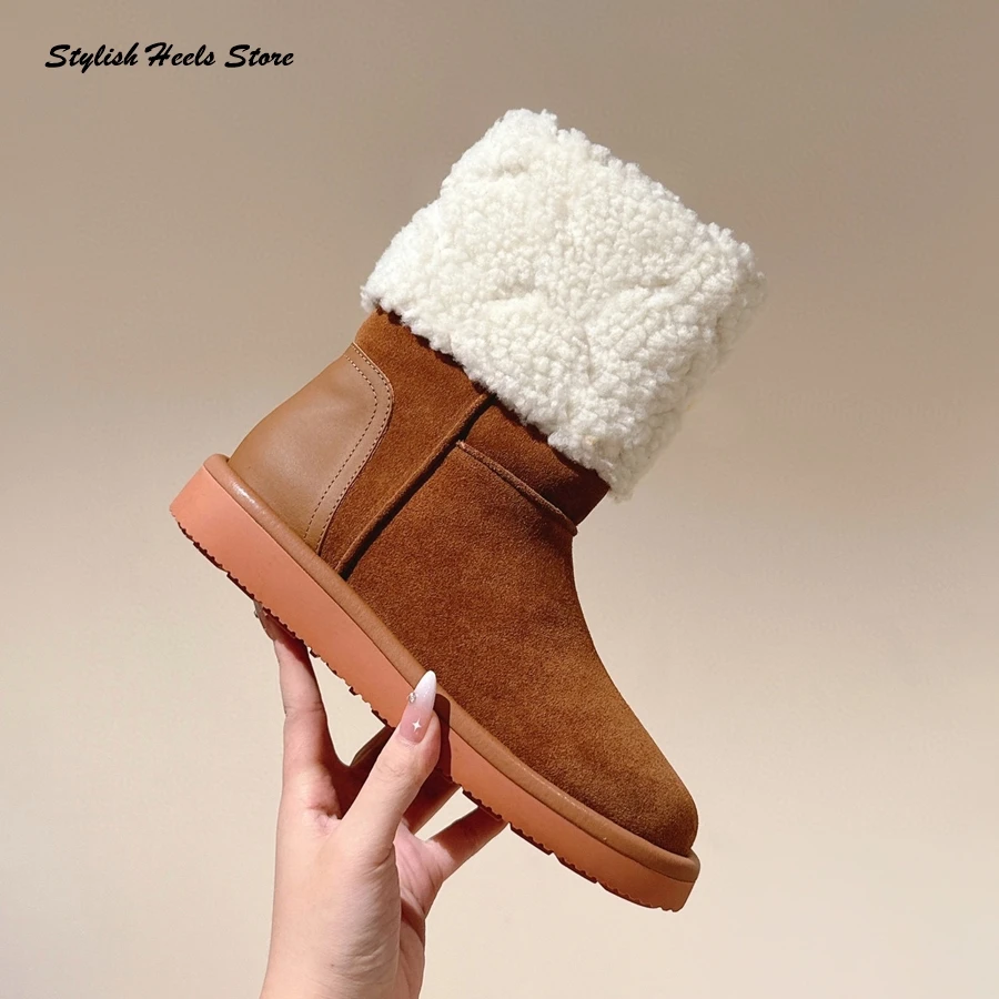 

Stylish Rome Suede Flat Heel Warm Ankle Boots for Winter Women Round Toe Slip On Snow Boots Fashion Patchwork Comfy Booties