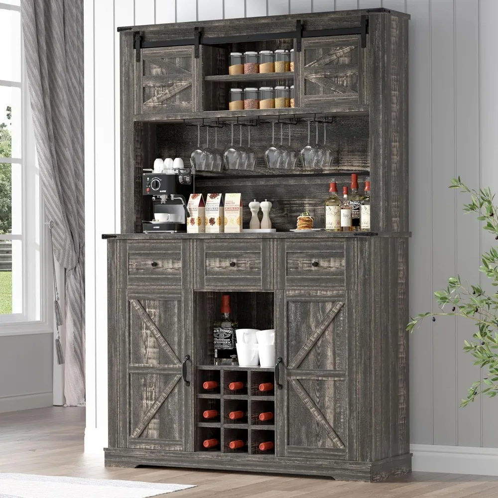 

Farmhouse Coffee Bar Cabinet,72 Kitchen Hutch with Storage, Buffet Sideboard Cupboard with Adjustable Shelves, Sliding Barn Door