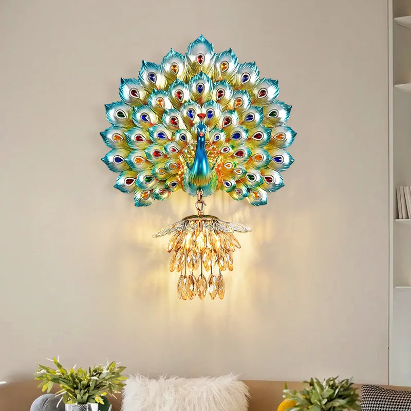 

Peacock wall lamp European living room background American retro decoration bedside bedroom children's new