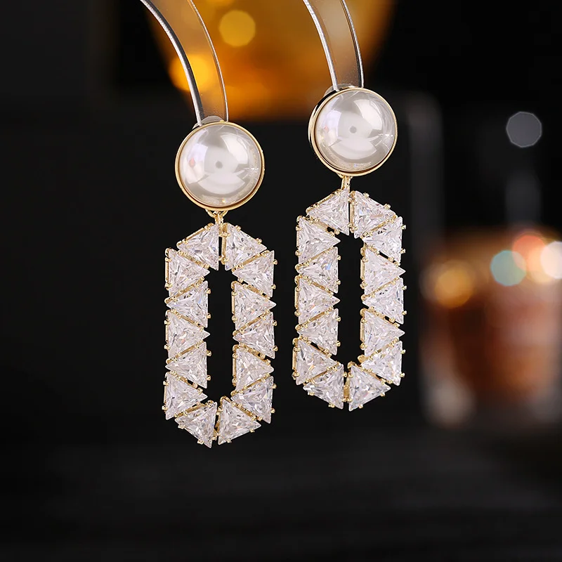 s925 silver needle niche design Korean style earrings super flash geometric triangular zircon splicing inlaid diamond earrings