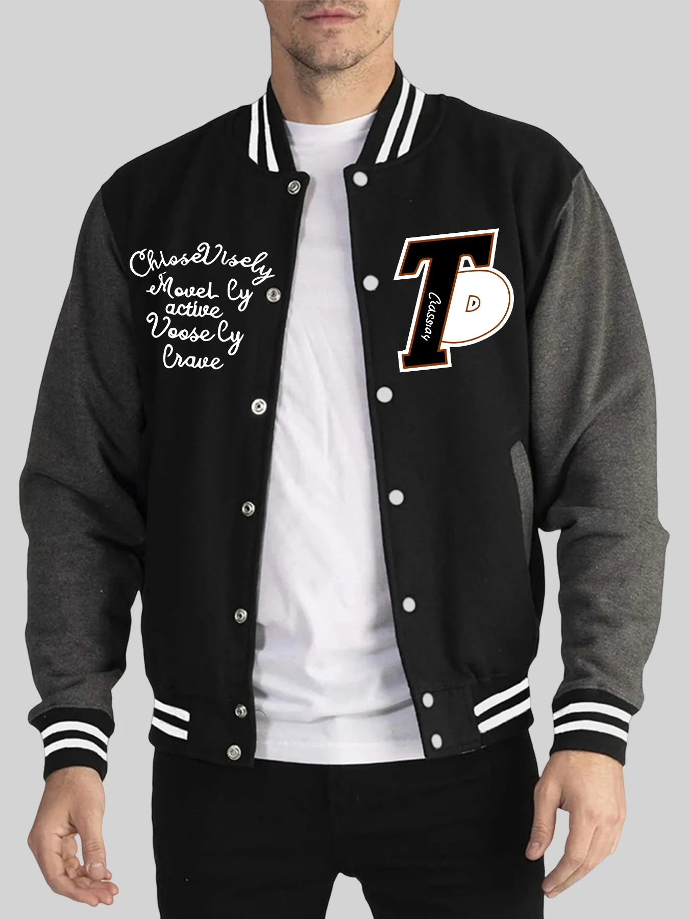 

Handwritten Font Creative Printing Man Tops Autumn Winter Baseball Uniform Comfy Oversized Menswear Pocket Minimalist Jacket