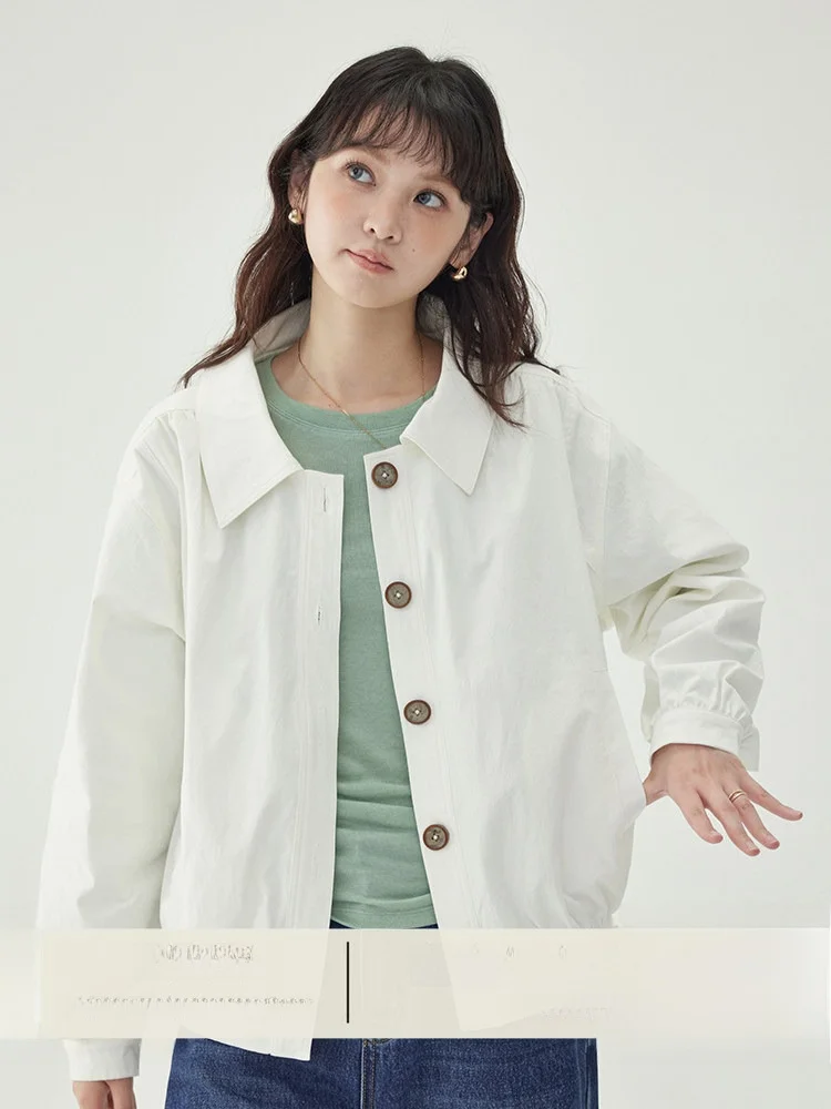 

AMUU Original White Single-Button Ne Long Sve Jaet Women's Loose Top Cotton Blend Polyester Spandex Blend Casual ...